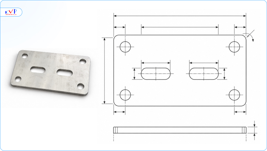 Bản mã inox 4 Bản vẽ kỹ thuật bản mã inox thể hiện kích thước tấm, chiều dày, đường kính và khoảng cách tim lỗ