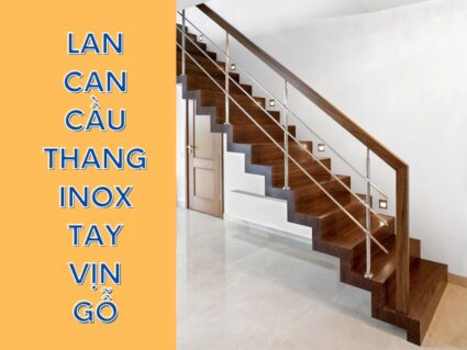 lan can cầu thang inox tay vịn gỗ
