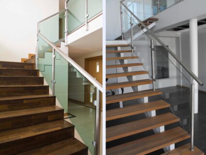 lan can cầu thang kính tay vịn inox bậc thang gỗ